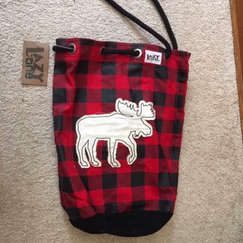 Child's Lazy One Red & Black Plaid Cotton Back Pack w/Moose & Drawstring 13x14"